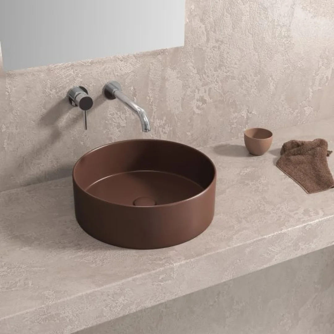 Karag Lavabo da appoggio rotondo ceramica 35.5x35.5 cm caffè opaco con valvola inclusa