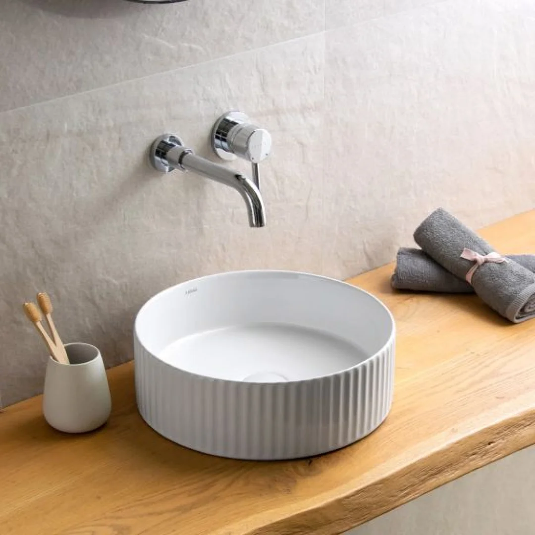 Karag Lavabo da appoggio rotondo ceramica 36x36 cm bianco lucido