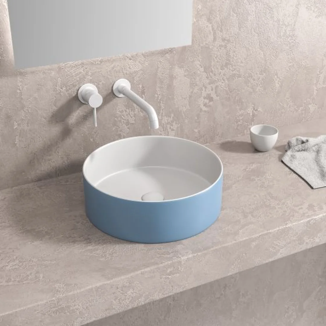 Karag Lavabo da appoggio rotondo ceramica 35.5x35.5 cm bianco-azzurro opaco con valvola inclusa