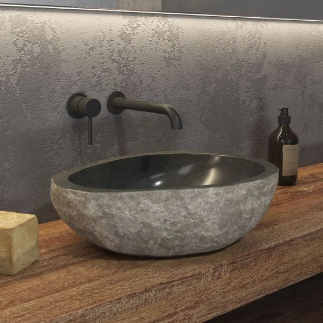 Karag Lavabo da appoggio rotondo River Stone pietra Ø40-45x15 cm grigio